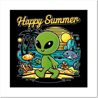 Happy summer aliens in the beach in vintage retro style Posters and Art